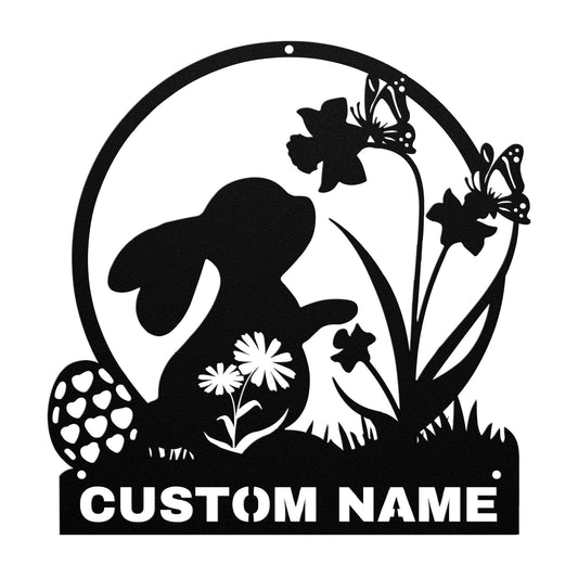 Personalized Easter Bunny Metal Sign, Easter Bunny Sign With Flowers, Rabbit Sign Decoration For Room,