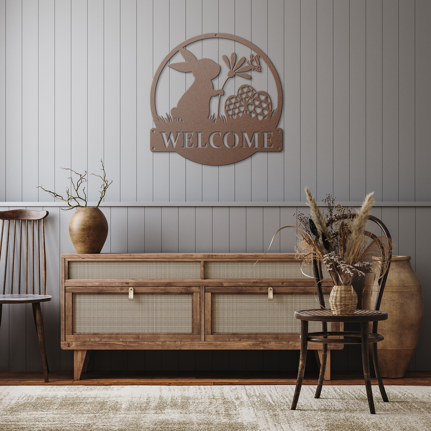 Personalized_Easter_Bunny_Metal_Sign_Ea_Copper_Rustic_Hallway_Mockup.png