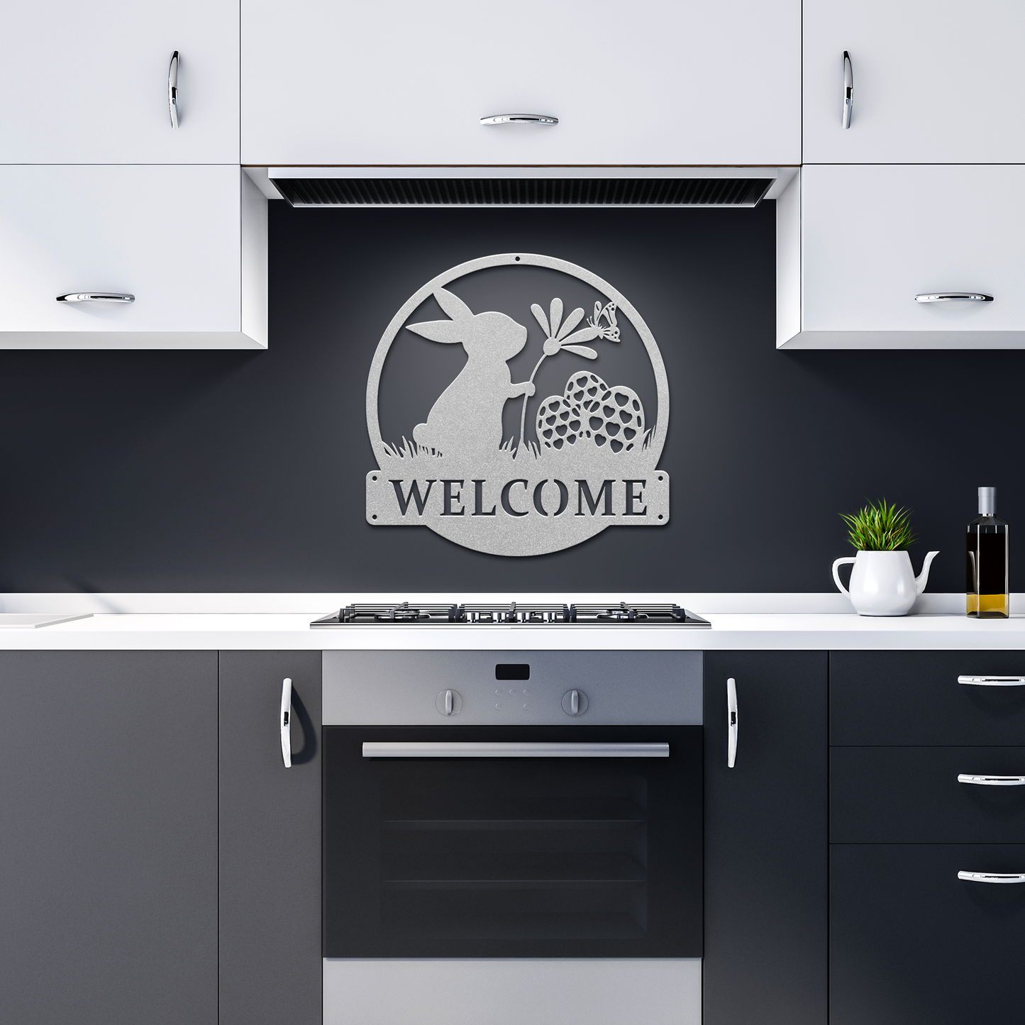 Personalized_Easter_Bunny_Metal_Sign_Ea_Silver_Dark_Kitchen_Mockup.png