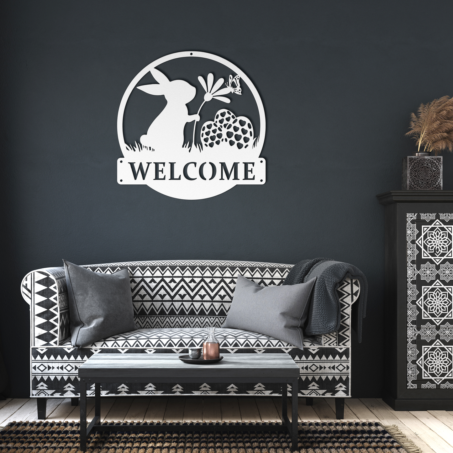 Personalized_Easter_Bunny_Metal_Sign_Ea_White_Dark_Living_Room_Mockup.png