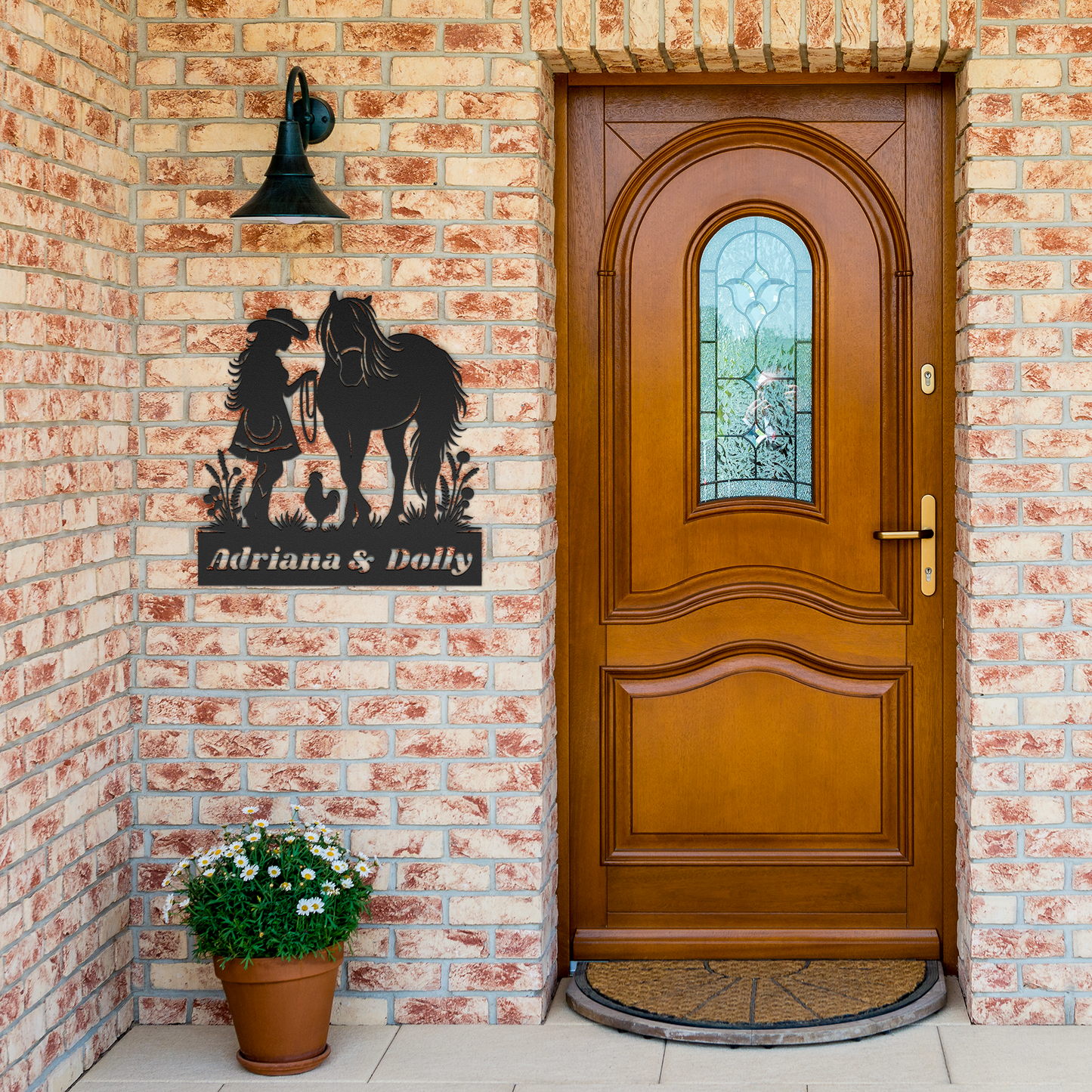Personalized_Horse_and_Girl_Metal_Sign__Black_Brick_Entrance_Mockup.png