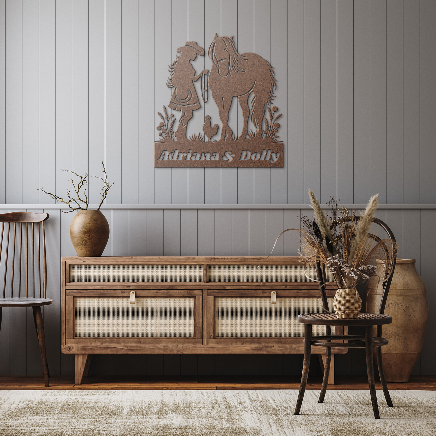 Personalized_Horse_and_Girl_Metal_Sign__Copper_Rustic_Hallway_Mockup.png