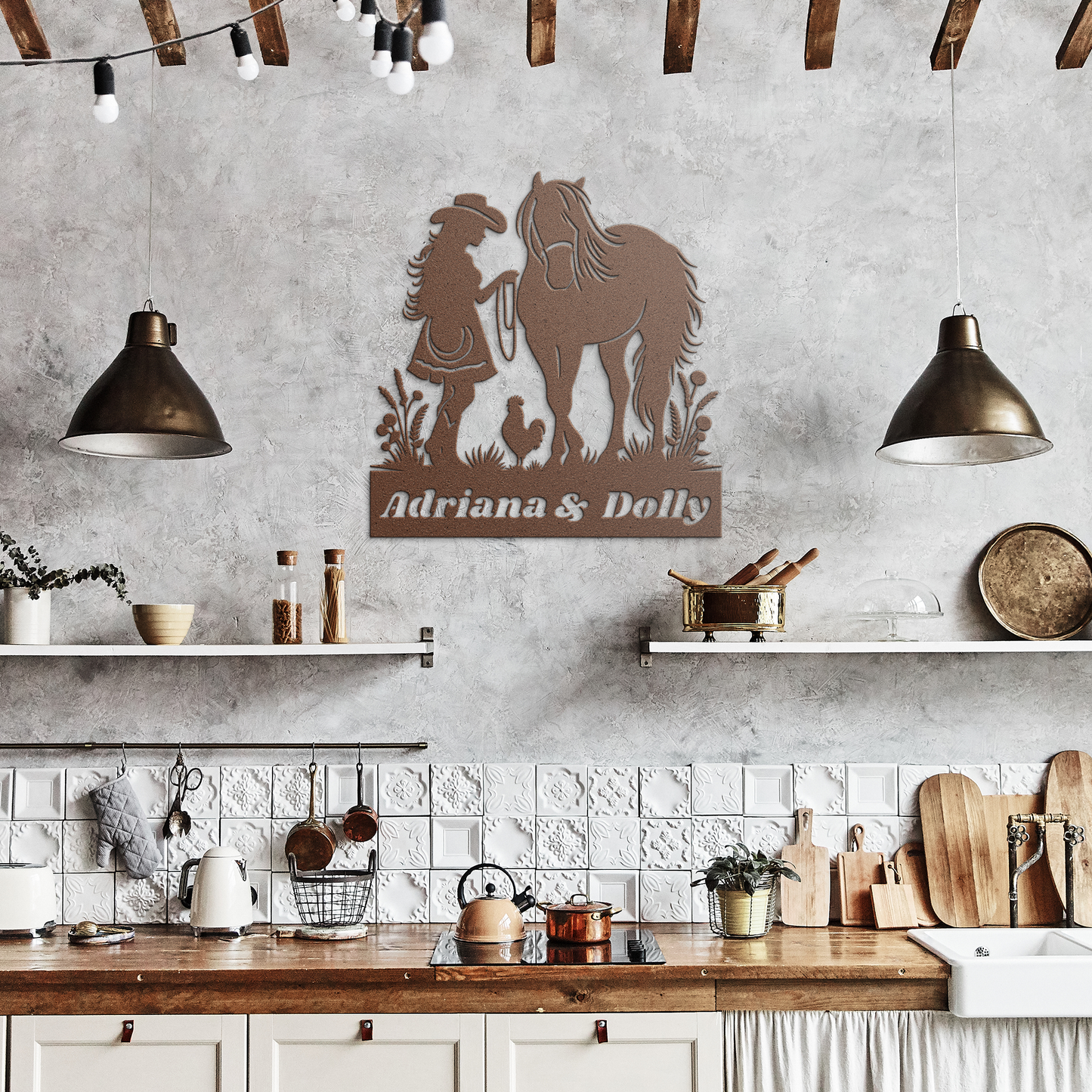 Personalized_Horse_and_Girl_Metal_Sign__Copper_Rustic_Kitchen_Mockup.png