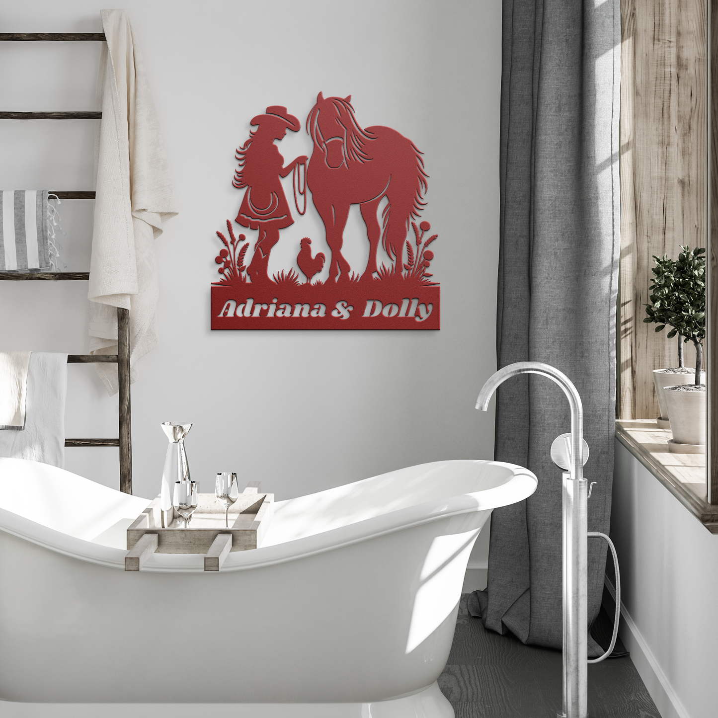 Personalized_Horse_and_Girl_Metal_Sign__Red_Modern_Bathroom_Mockup.png