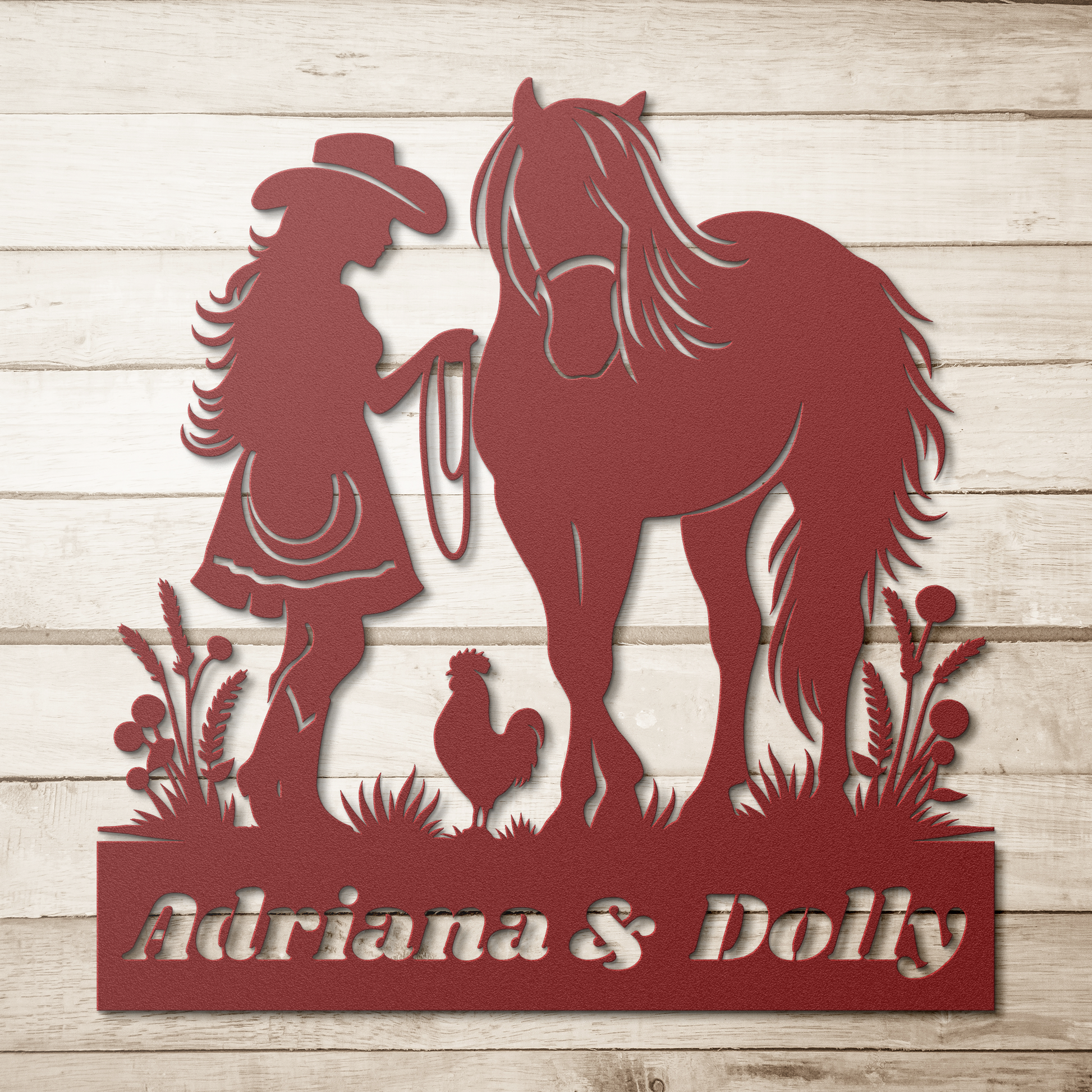 Personalized_Horse_and_Girl_Metal_Sign__Red_Simple_Wood_BKGD_Mockup.png