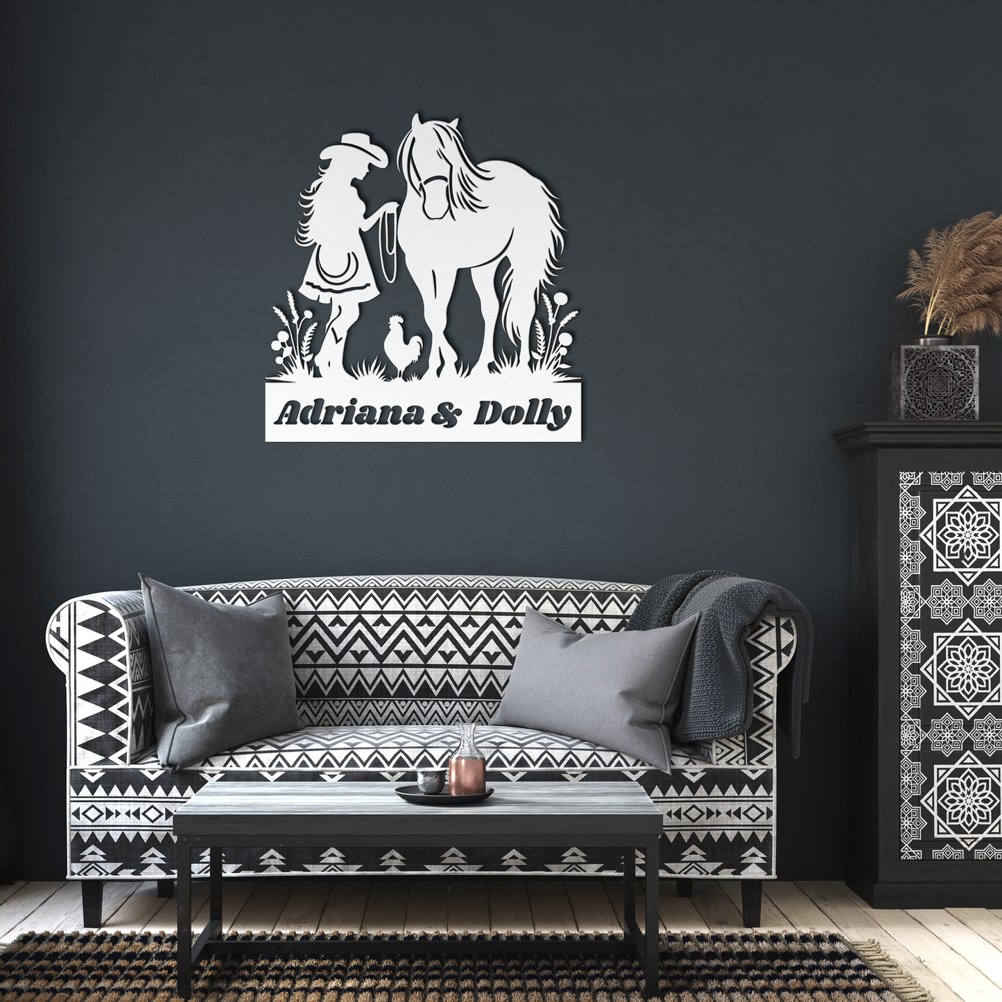 Personalized_Horse_and_Girl_Metal_Sign__White_Dark_Living_Room_Mockup.png