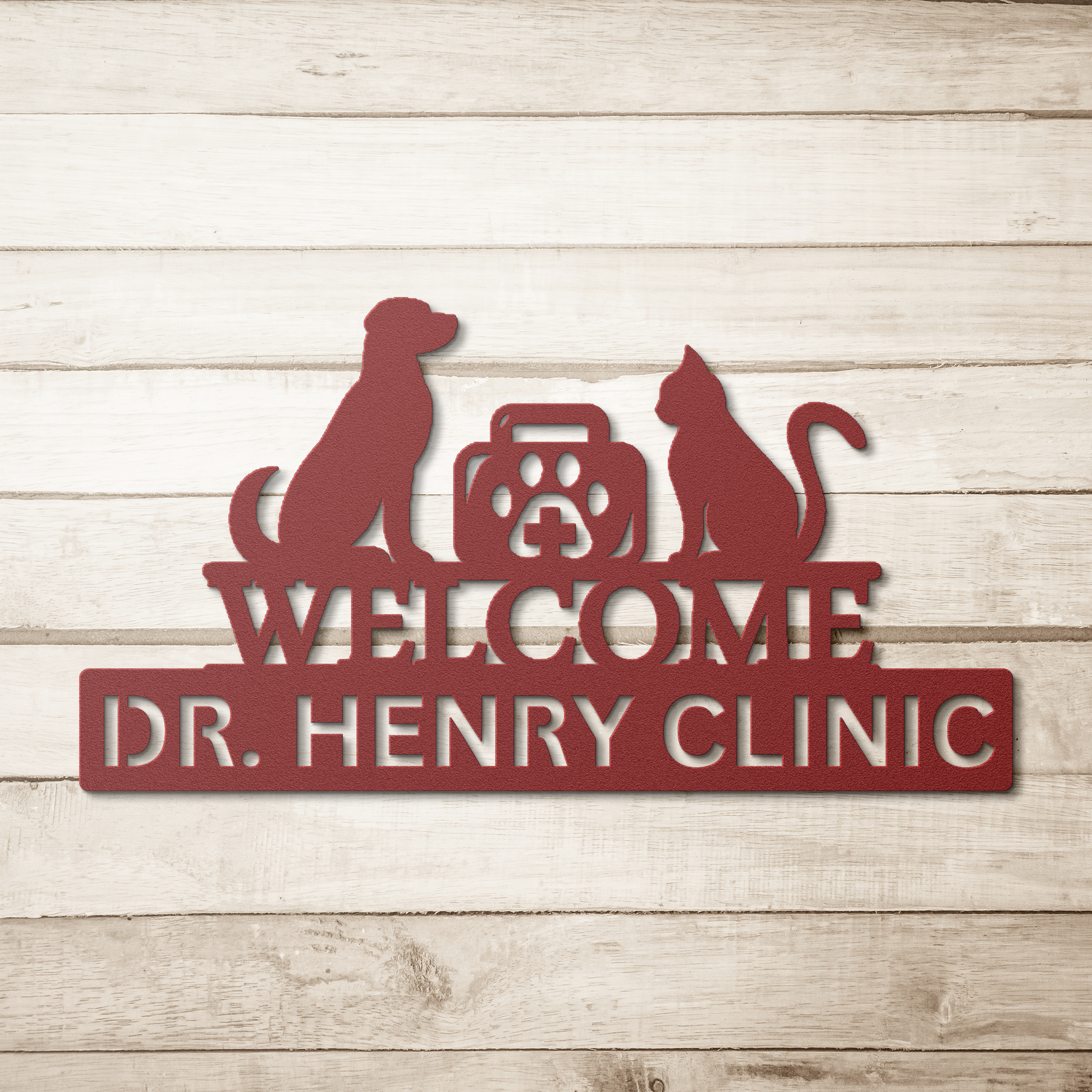 Personalized_Metal_Vet_Sign_Custom_Vete_Red_Simple_Wood_BKGD_Mockup.png