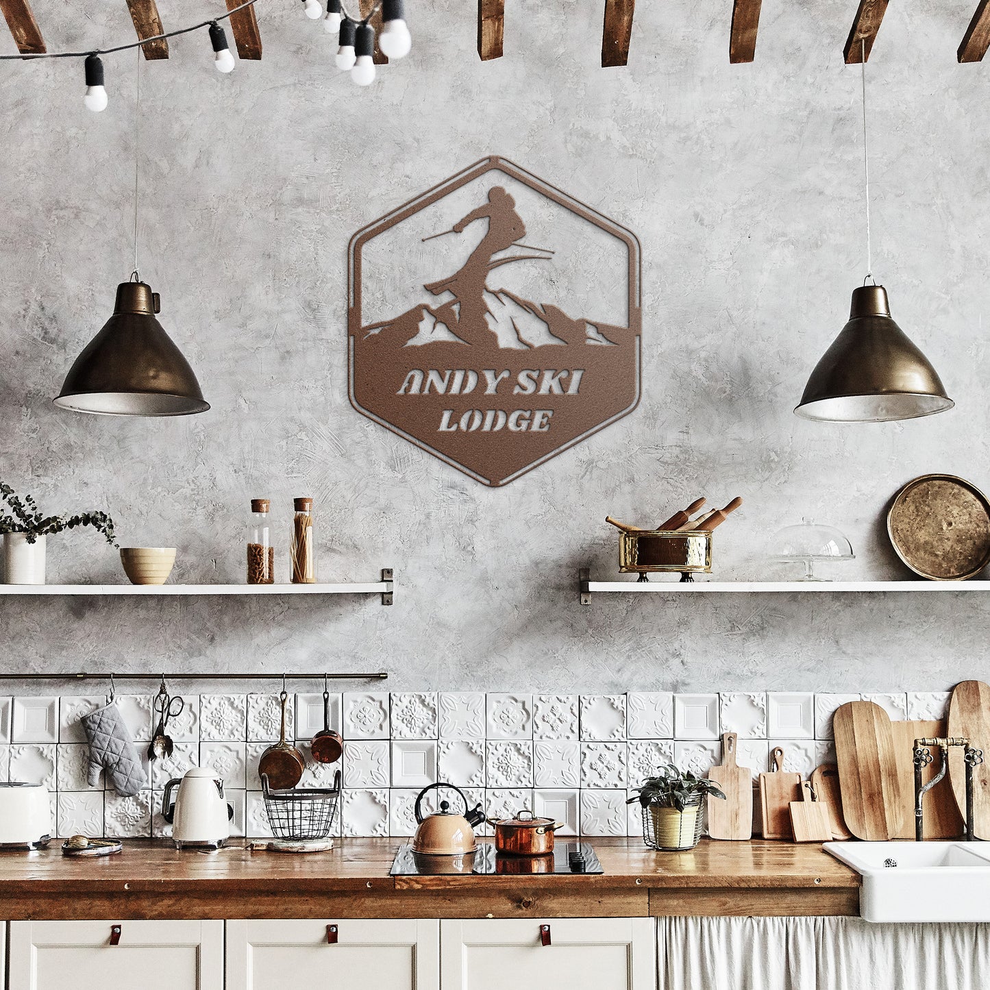 Personalized Ski Mountain Metal Sign, Ski Home Decor, Snow Lover, Skier and Mountain Scene Custom Sign