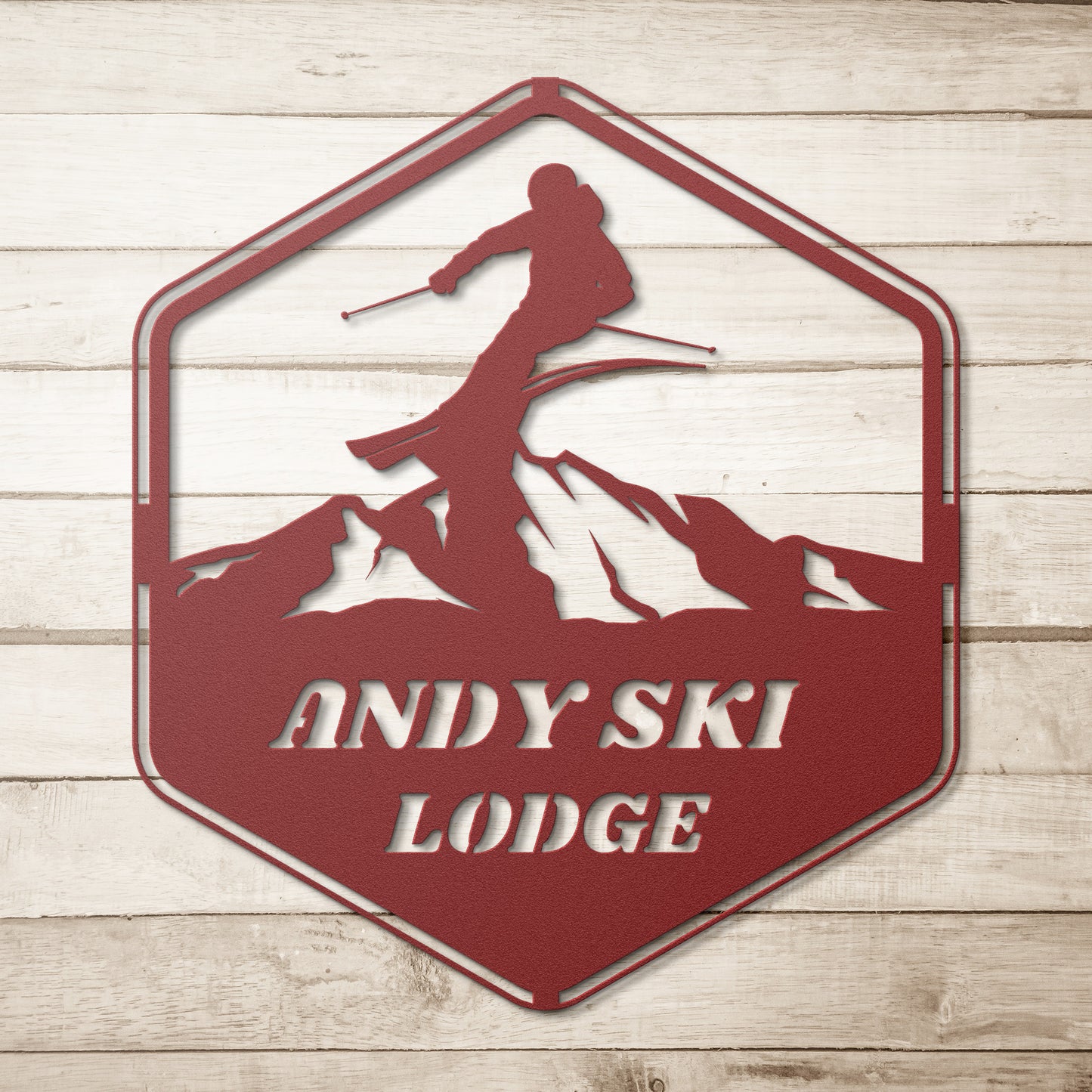 Personalized Ski Mountain Metal Sign, Ski Home Decor, Snow Lover, Skier and Mountain Scene Custom Sign