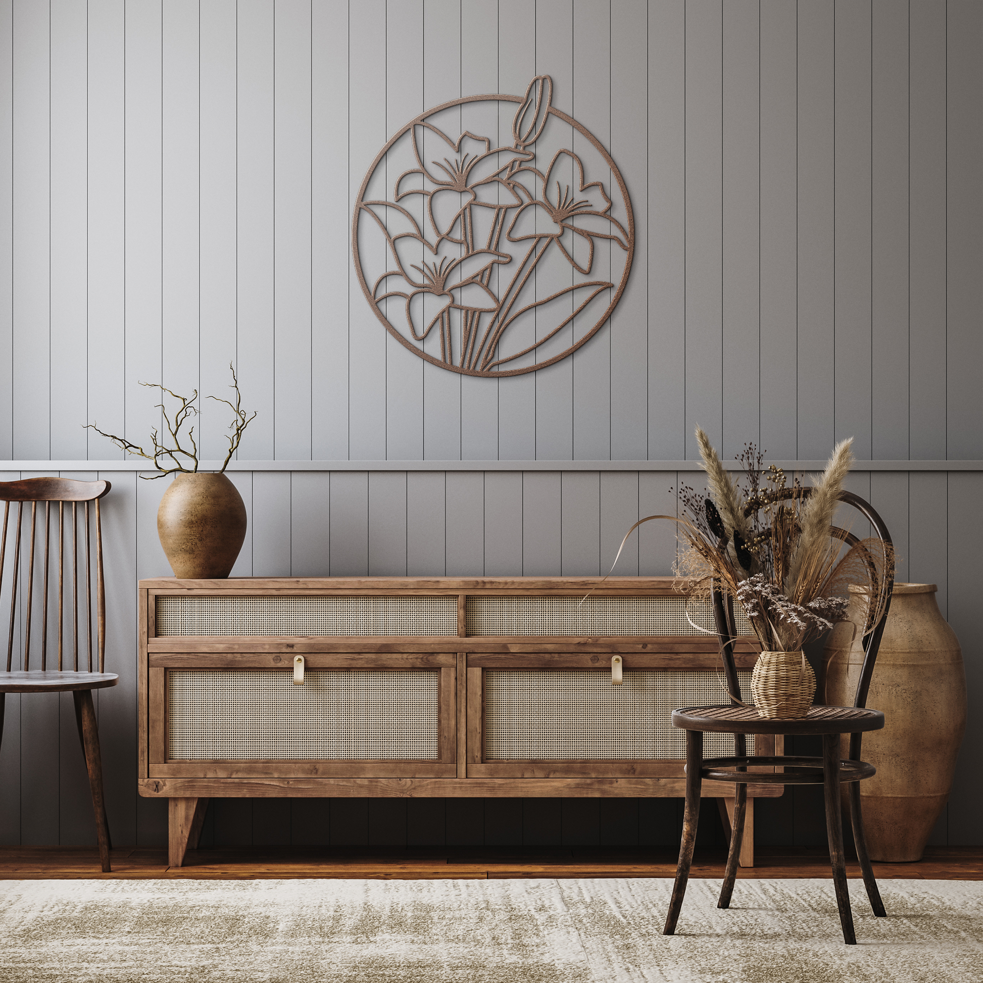 Round_Floral_Metal_Sign_Flower_Theme_Ga_Copper_Rustic_Hallway_Mockup.png