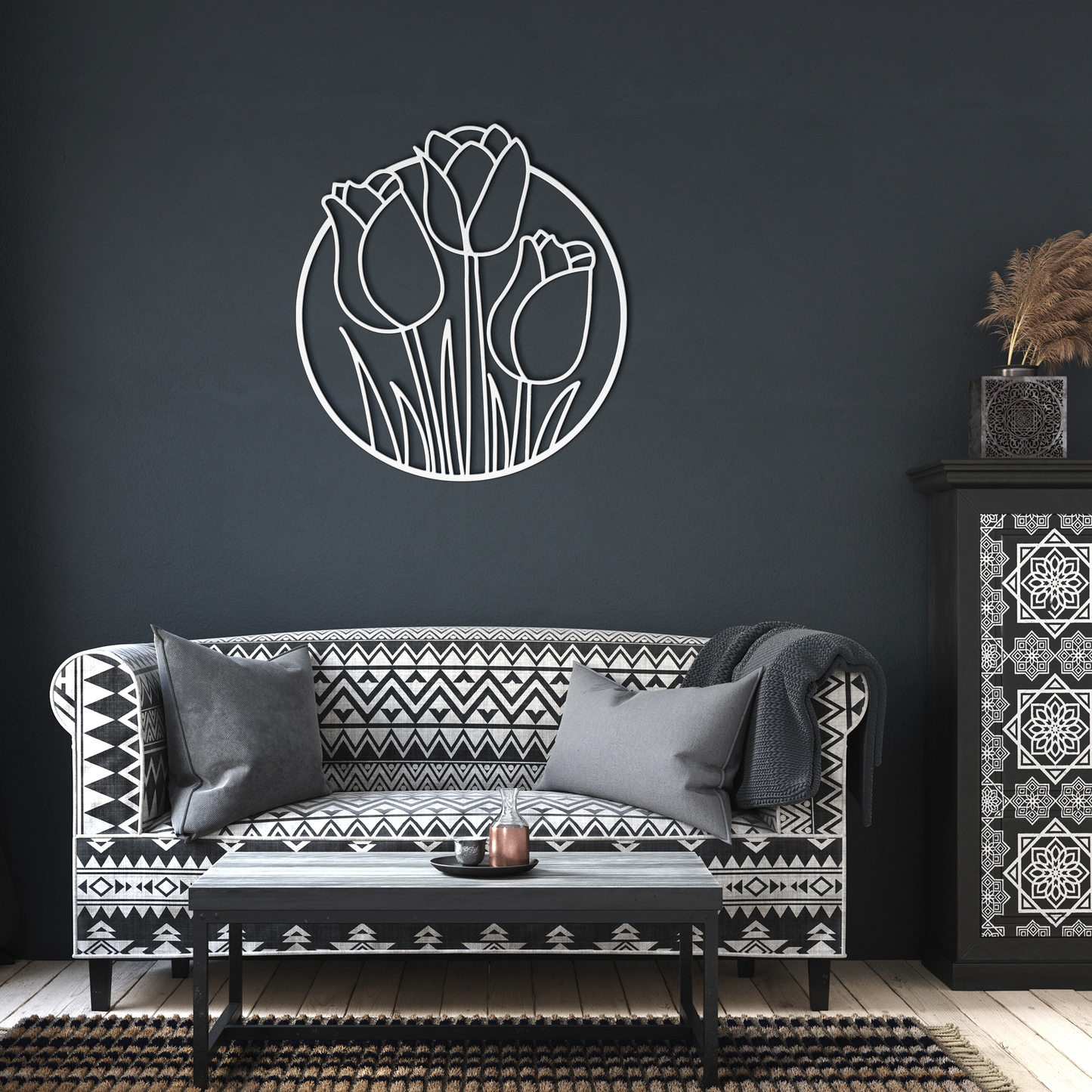 Round_Tulip_Metal_Sign_Flower_Theme_Gar_White_Dark_Living_Room_Mockup.png