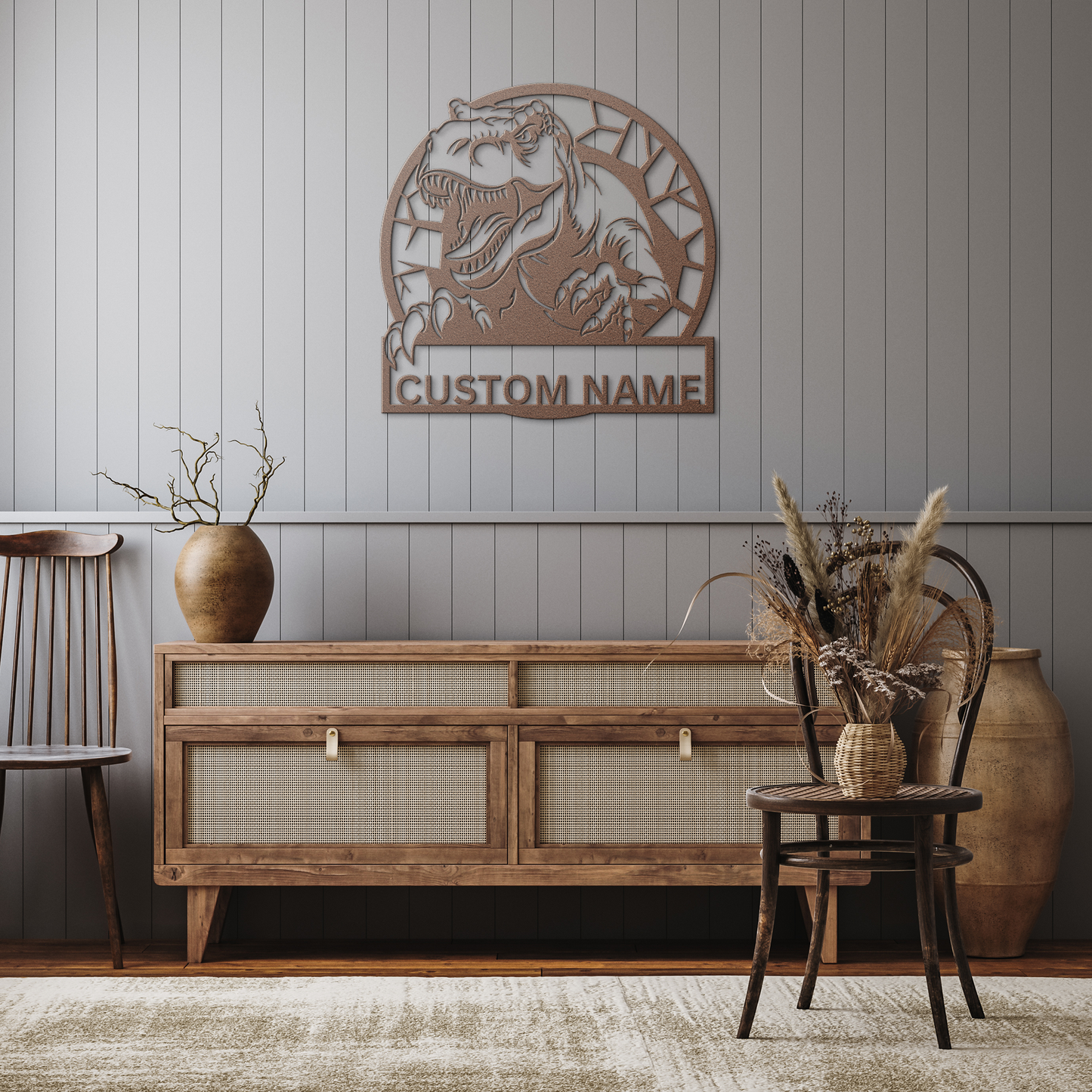 T-Rex_Dinasaur_Personalized_Name_Sign_C_Copper_Rustic_Hallway_Mockup.png