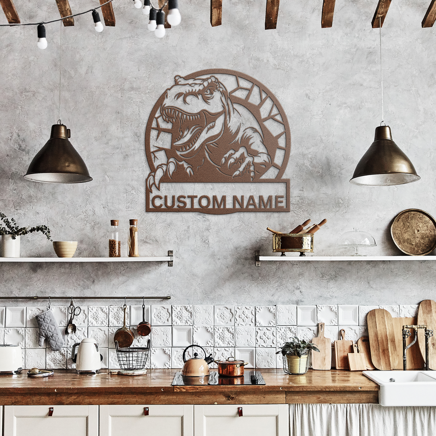 T-Rex_Dinasaur_Personalized_Name_Sign_C_Copper_Rustic_Kitchen_Mockup.png