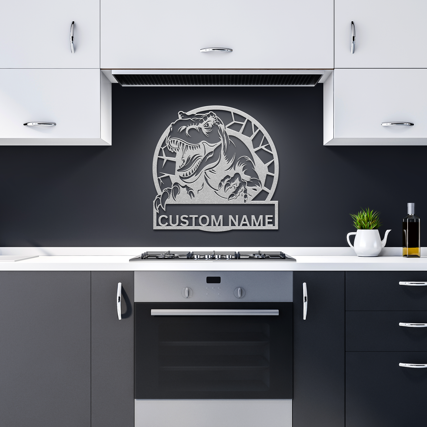 T-Rex_Dinasaur_Personalized_Name_Sign_C_Silver_Dark_Kitchen_Mockup.png