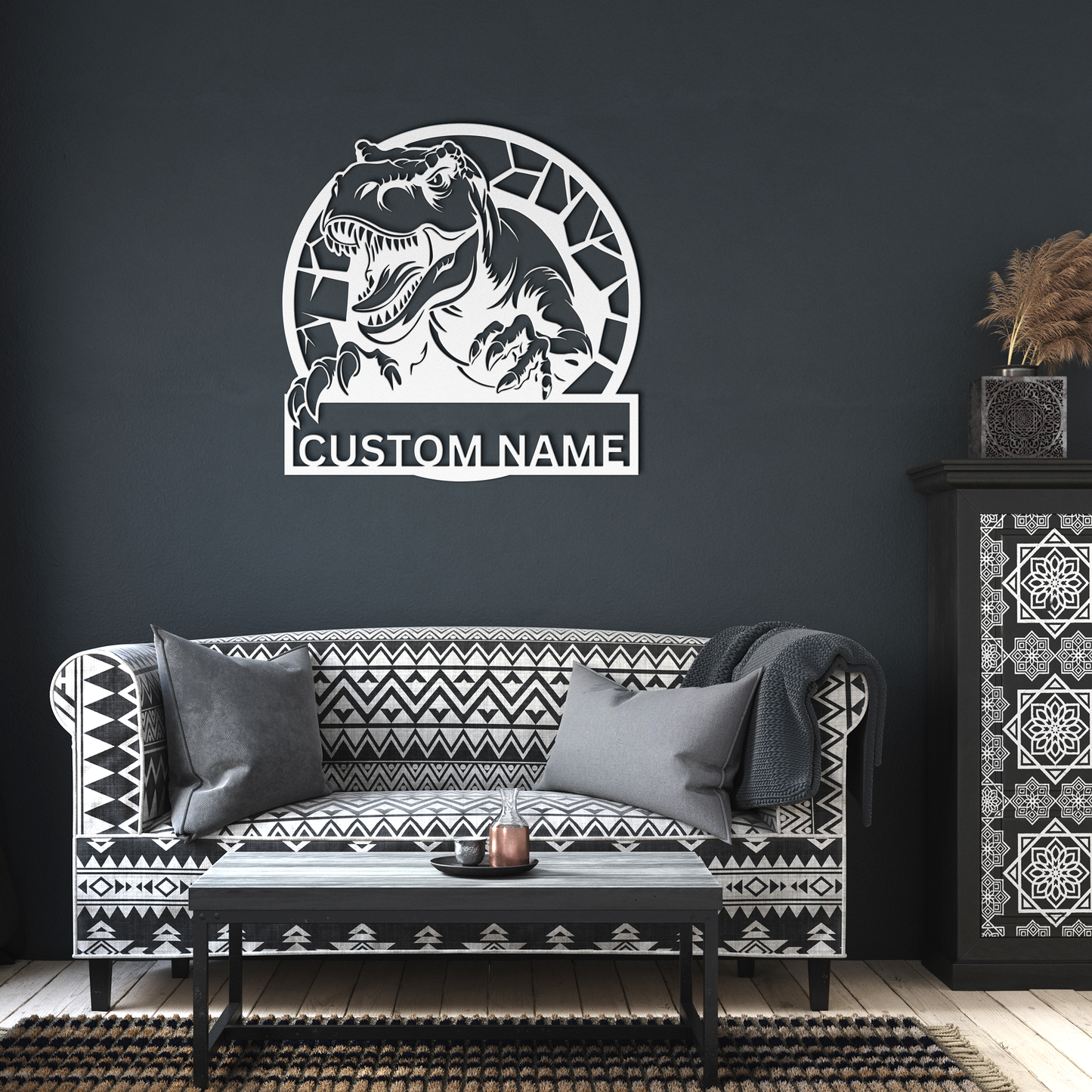 T-Rex_Dinasaur_Personalized_Name_Sign_C_White_Dark_Living_Room_Mockup.png