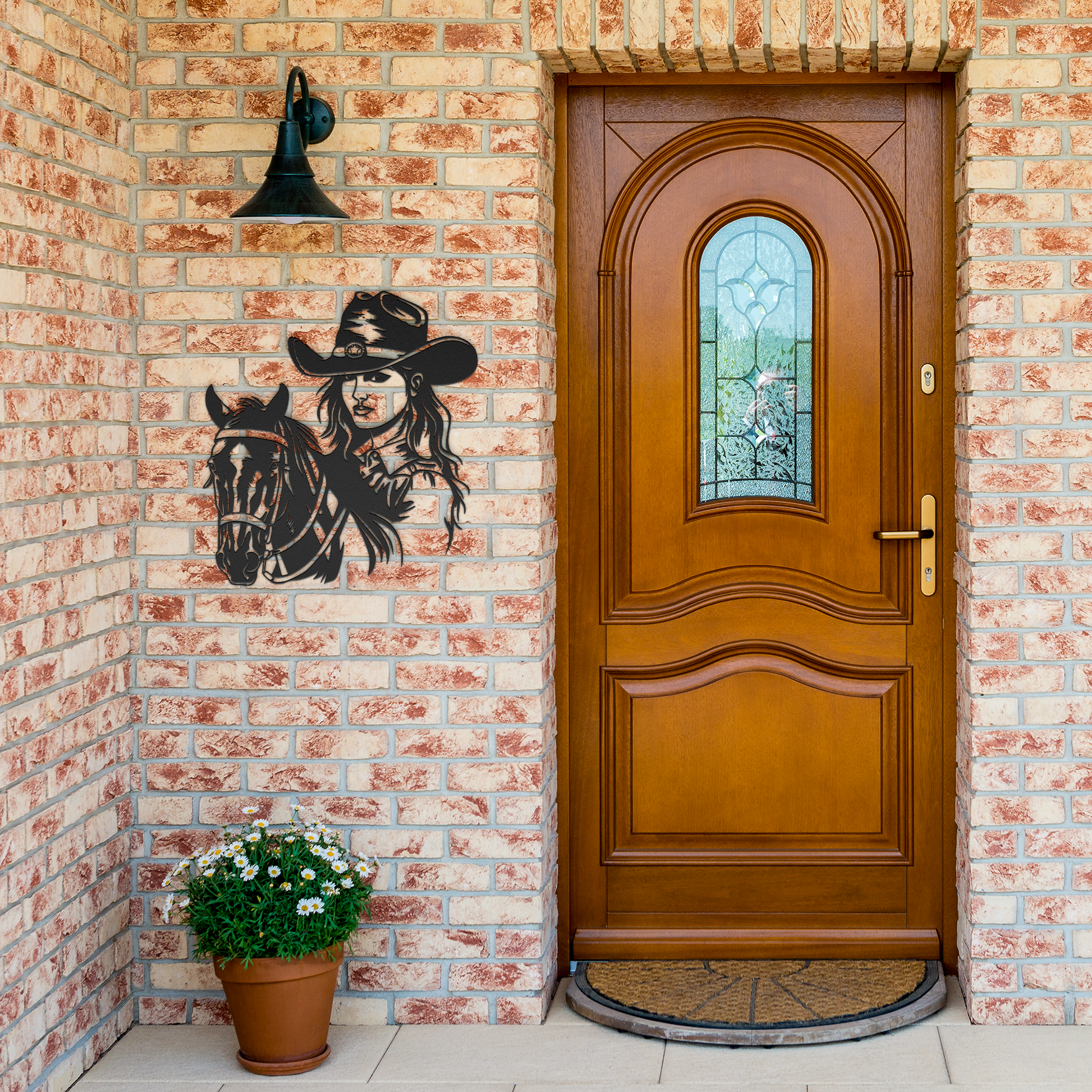 Western_Cowboy_Girl_Horse_Metal_Sign_Black_Brick_Entrance_Mockup.png