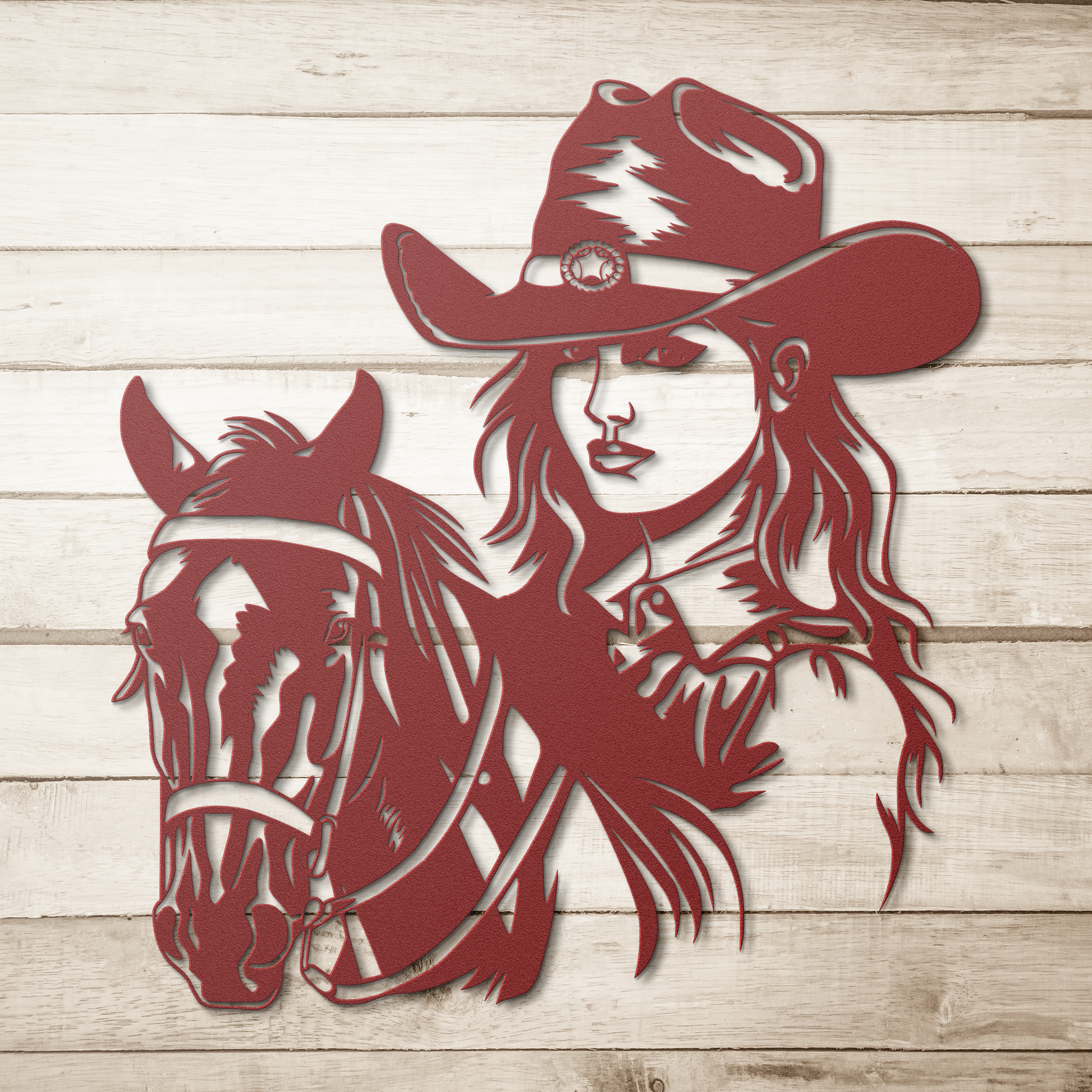 Western_Cowboy_Girl_Horse_Metal_Sign_Red_Simple_Wood_BKGD_Mockup.png
